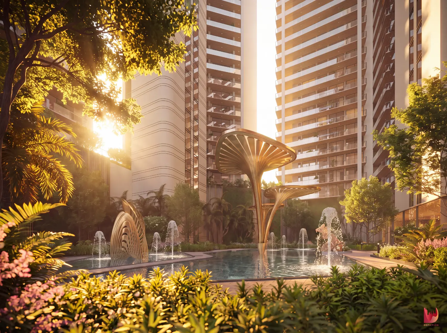 Landscaped residential plaza and water feature at The Marq